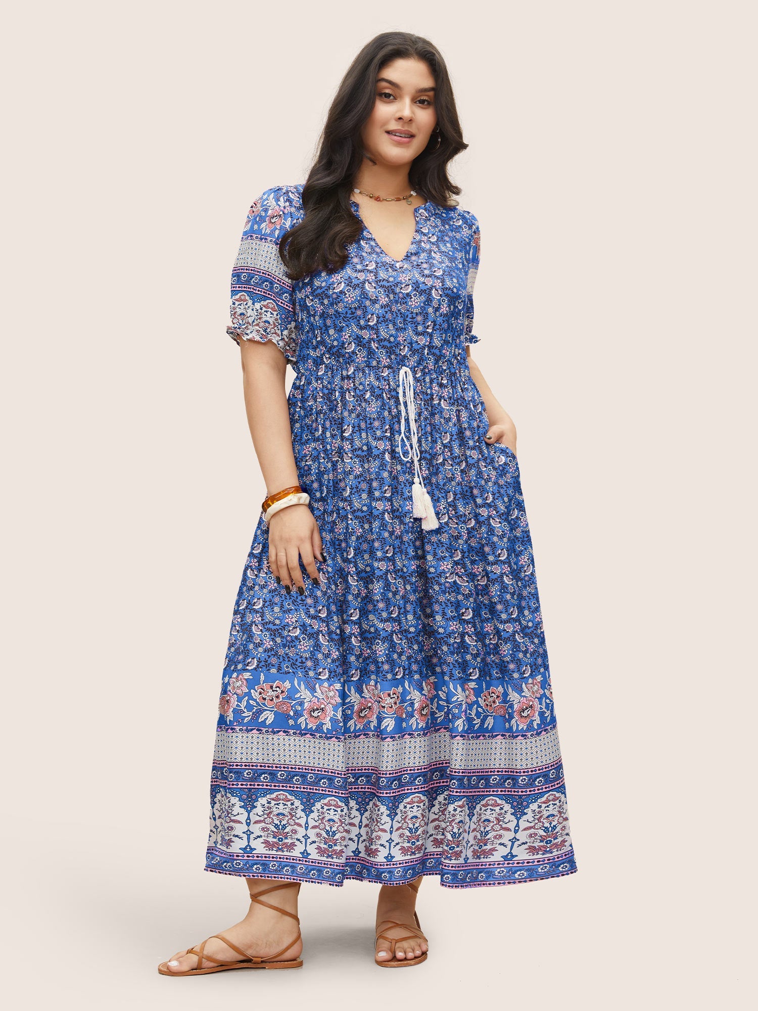 Boho Print Notched Ties Tassel Trim Dress
