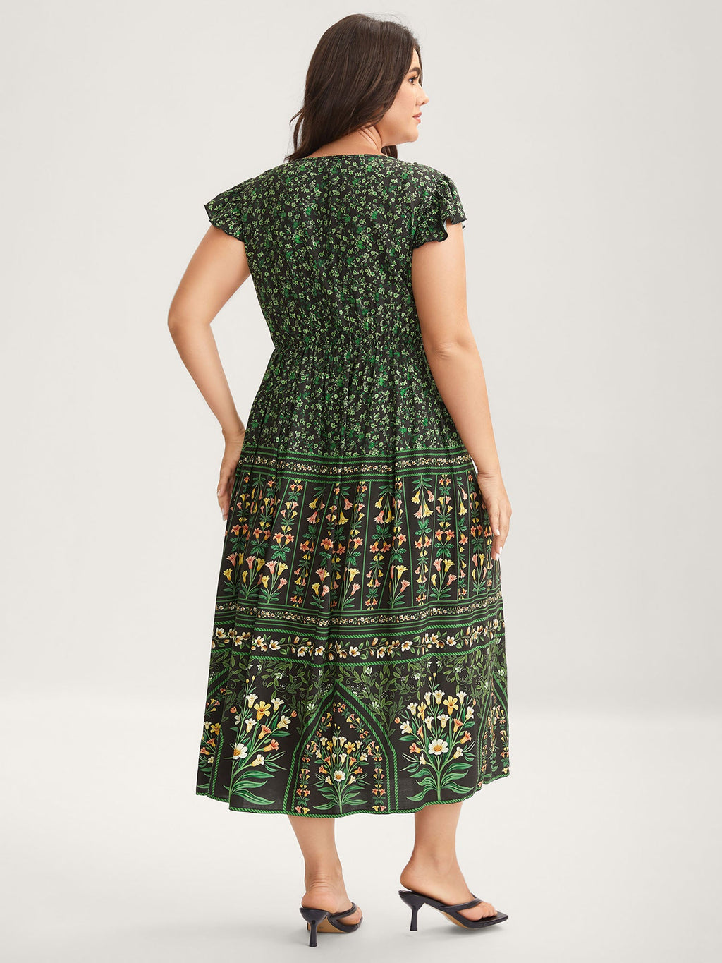 Rayon Garden Fresh Ruffled Sleeve Midi Dress