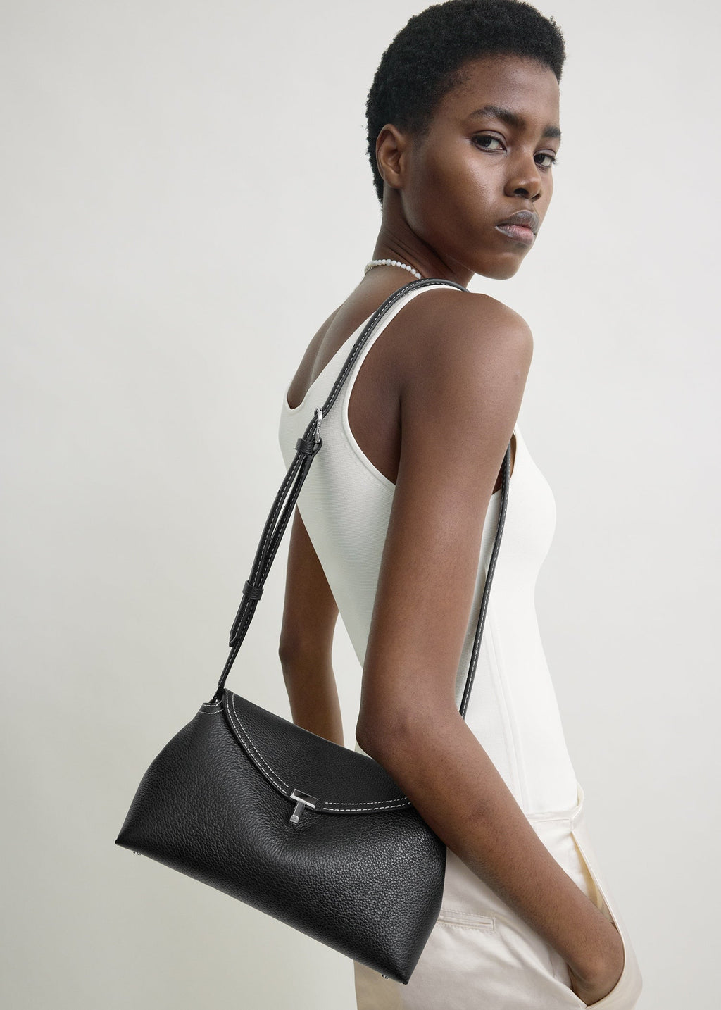 T-lock grained-leather clutch black